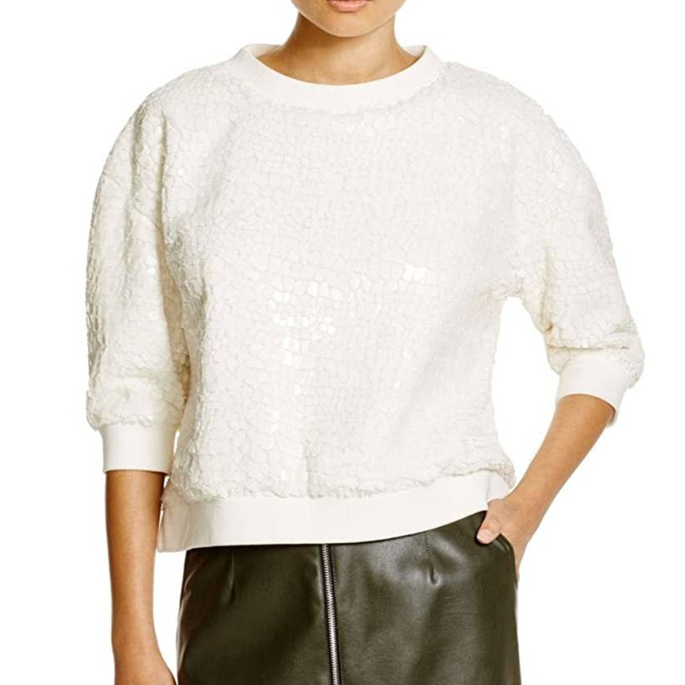 NWT French Connection Cream 3/4 Sleeve Frosty Polar Top with Scales • Size 0 🔴